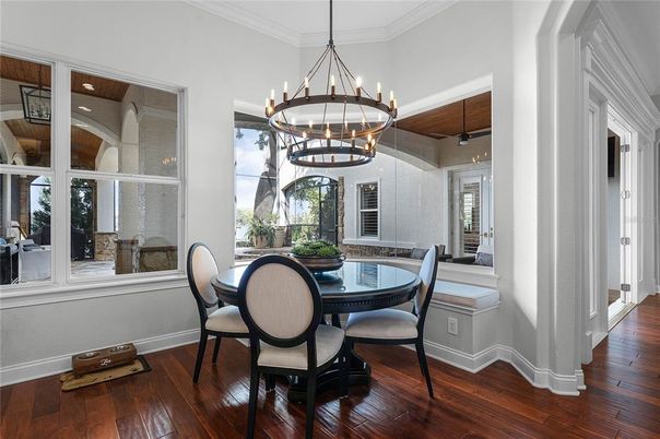 Chandelier, Dining room, Interior, Pendant Lights, Wood Texture Flooring