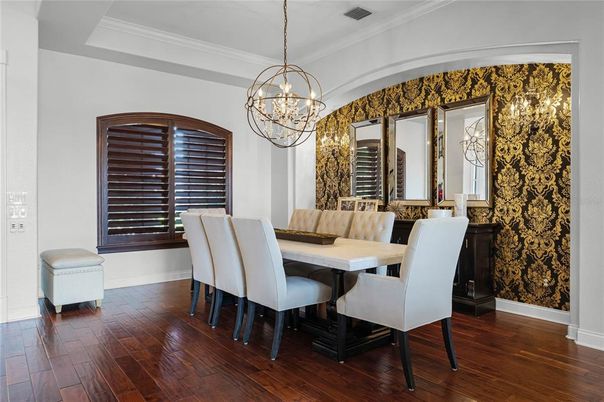 Chandelier, Dining room, Interior, Wood Texture Flooring
