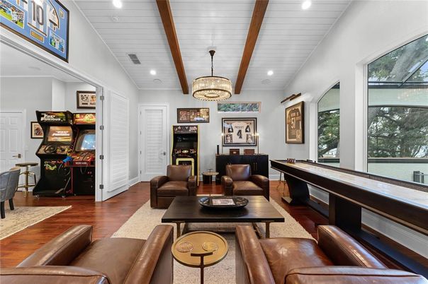 Billiard Table, Game Room, Interior, Living room, Pendant Lights, Recessed Lighting, Wooden Beams, Wood Texture Flooring