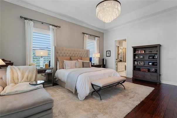 Bedroom, Chandelier, Interior, Wood Texture Flooring