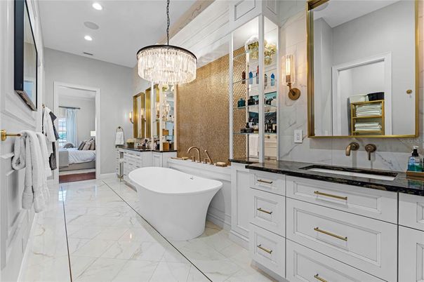 Bathroom, Chandelier, Dual Sink Vanities, Free Standing Baths, Interior, Marble, Recessed Lighting