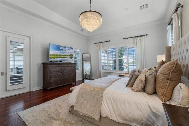 Bedroom, Chandelier, Interior, Wood Texture Flooring