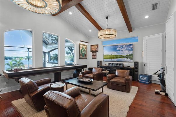 Chandelier, Interior, Living room, Pendant Lights, Recessed Lighting, Wooden Beams, Wood Texture Flooring