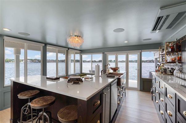 Chandelier, Interior, Kitchen, Recessed Lighting, Water, Wood Texture Flooring
