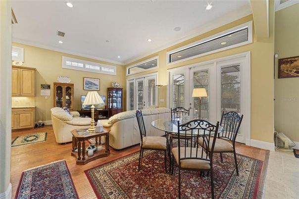 Dining room, Interior, Living room, Recessed Lighting, Wood Texture Flooring