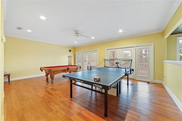 Billiard Table, Game Room, Interior, Recessed Lighting, Wood Texture Flooring
