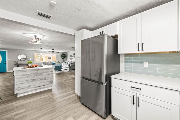 Interior, Kitchen, Living room, Stainless Steel Appliances, Wood Texture Flooring