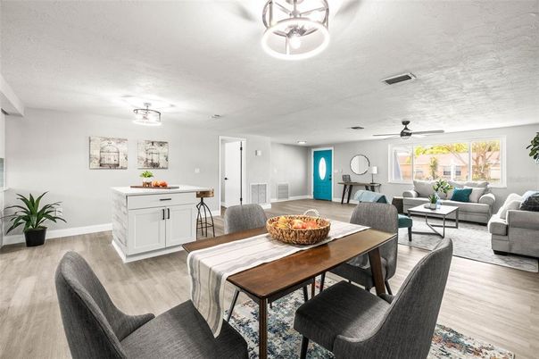 Dining room, Interior, Kitchen, Living room, Recessed Lighting, Wood Texture Flooring