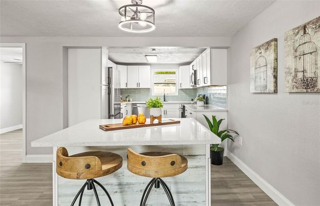 Interior, Kitchen, Pendant Lights, Stainless Steel Appliances, Wood Texture Flooring