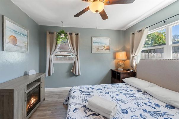 Bedroom, Fireplace, Interior, Wood Texture Flooring