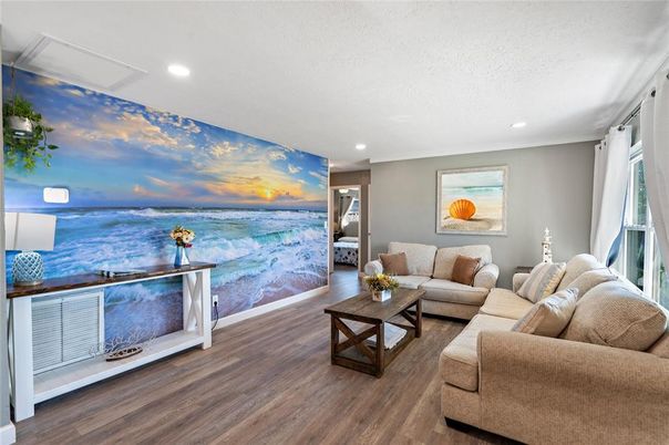 Interior, Living room, Recessed Lighting, Water, Wood Texture Flooring