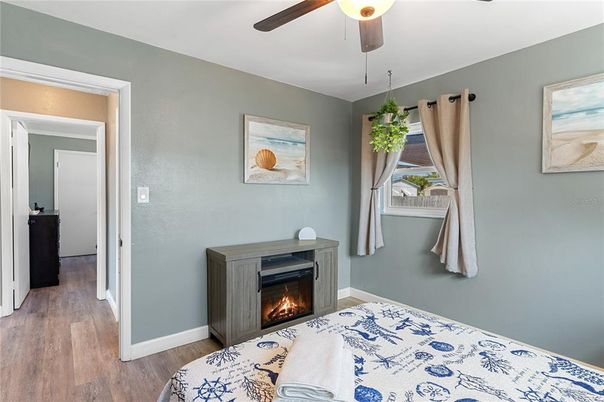 Bedroom, Fireplace, Interior, Wood Texture Flooring