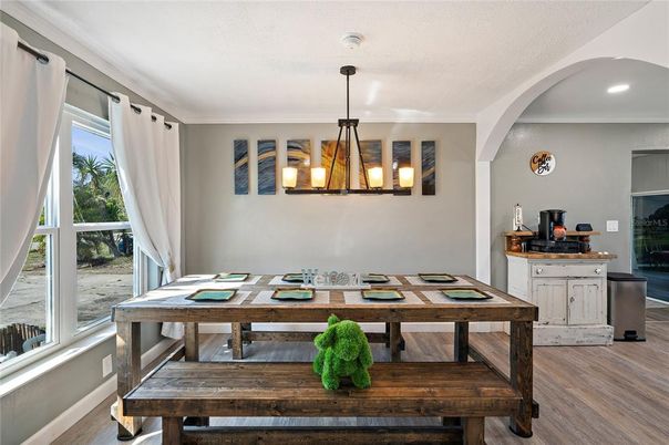 Dining room, Interior, Pendant Lights, Recessed Lighting, Wood Texture Flooring