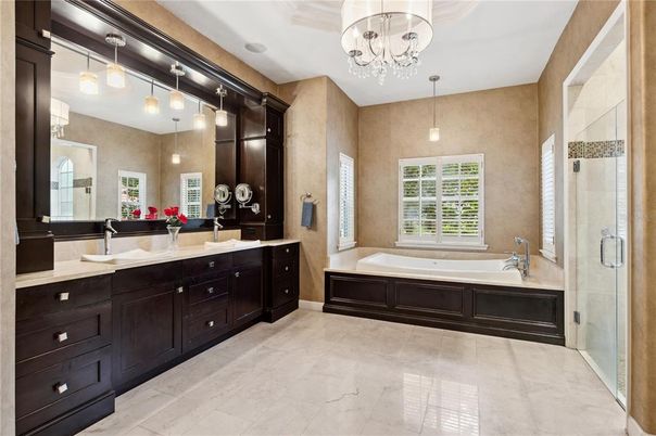 Bathroom, Dual Sink Vanities, Glass Shower, Interior, Pendant Lights