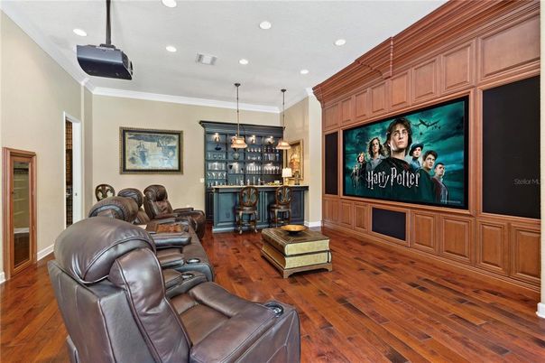 Home Theatre Room, Interior, Pendant Lights, Recessed Lighting, Theatre Room, Wood Texture Flooring