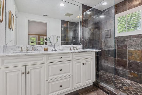 Bathroom, Dual Sink Vanities, Glass Shower, Interior, Recessed Lighting