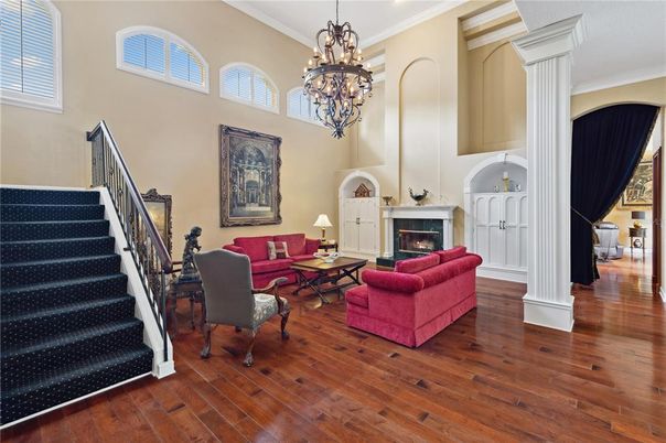 Chandelier, Fireplace, Interior, Living room, Wood Texture Flooring