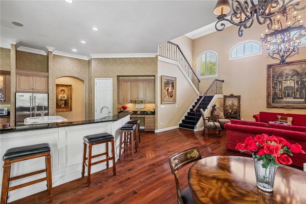 Chandelier, Interior, Kitchen, Recessed Lighting, Wood Texture Flooring