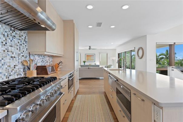 Interior, Kitchen, Living room, Recessed Lighting, Stainless Steel Appliances, Wood Texture Flooring