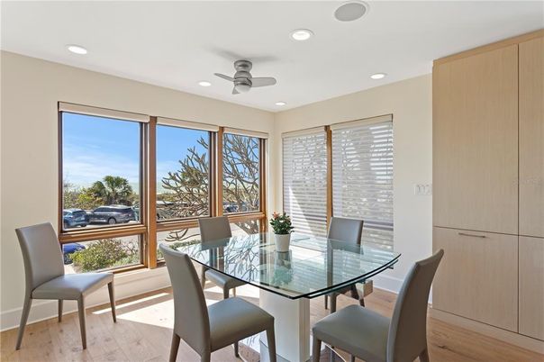 Dining room, Interior, Recessed Lighting, Wood Texture Flooring