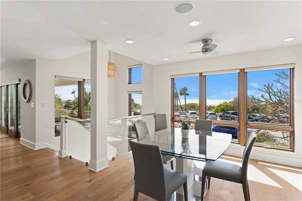 Dining room, Interior, Pendant Lights, Recessed Lighting, Wood Texture Flooring