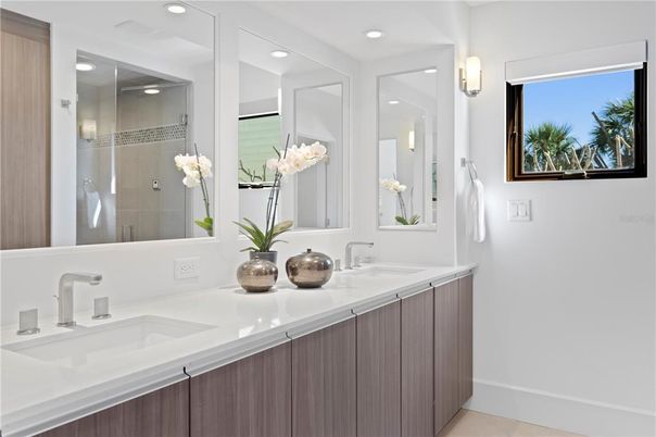 Bathroom, Dual Sink Vanities, Glass Shower, Interior, Recessed Lighting