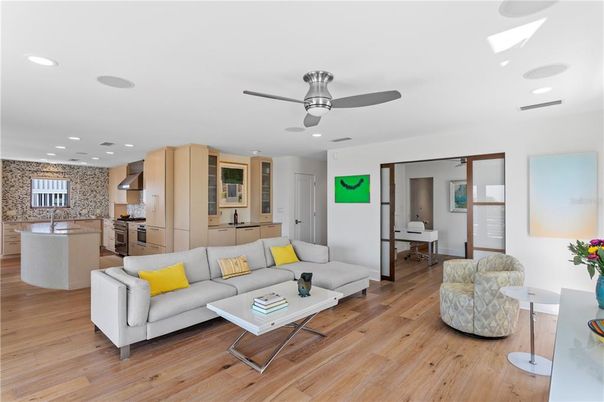 Interior, Kitchen, Living room, Recessed Lighting, Wood Texture Flooring