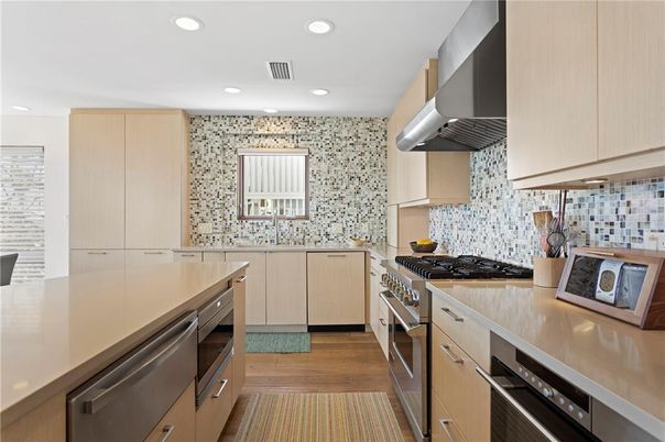 Interior, Kitchen, Recessed Lighting, Stainless Steel Appliances, Wood Texture Flooring