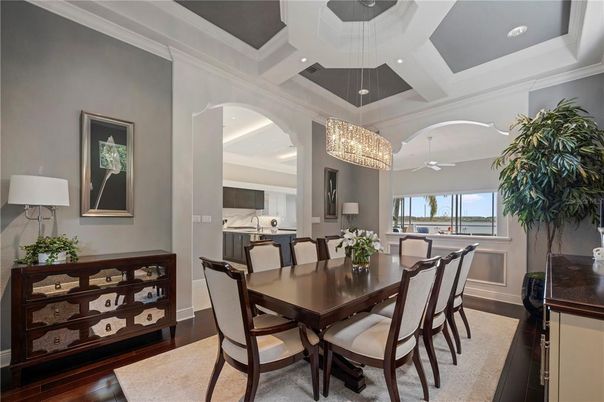 Chandelier, Dining room, Interior, Recessed Lighting, Wood Texture Flooring