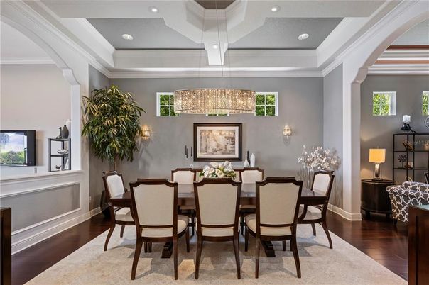 Chandelier, Dining room, Interior, Recessed Lighting, Wood Texture Flooring
