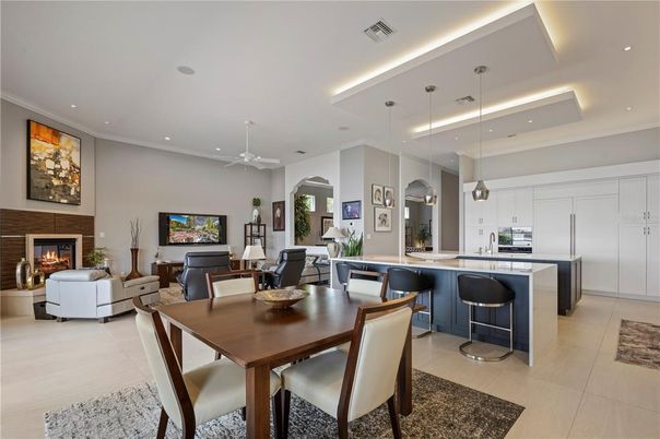 Dining room, Fireplace, Interior, Kitchen, Living room, Pendant Lights, Recessed Lighting