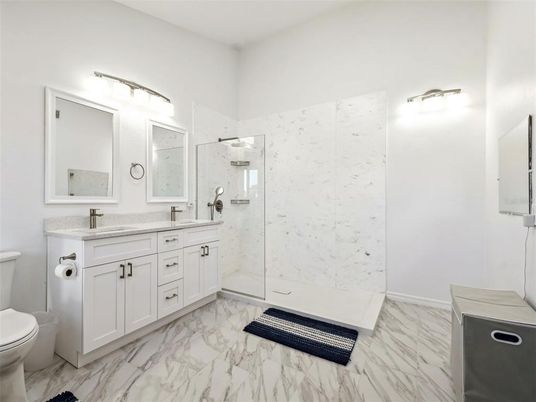 Bathroom, Dual Sink Vanities, Glass Shower, Interior, Marble, Marble Walls