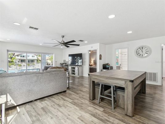 Dining room, Interior, Living room, Recessed Lighting, Wood Texture Flooring
