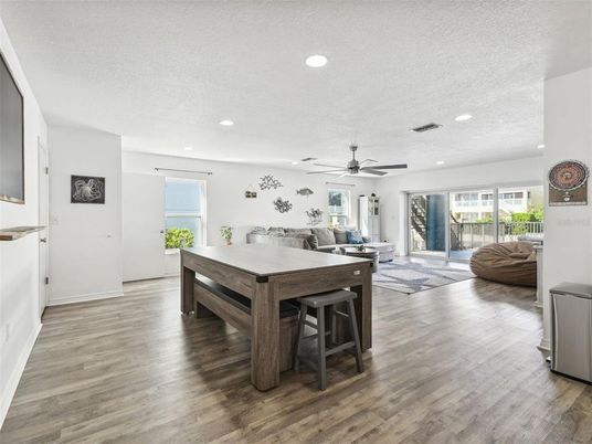 Dining room, Interior, Recessed Lighting, Wood Texture Flooring