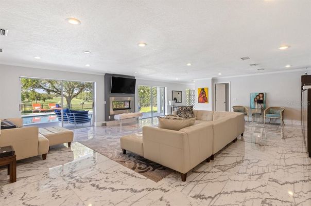 Fireplace, Interior, Living room, Marble, Recessed Lighting