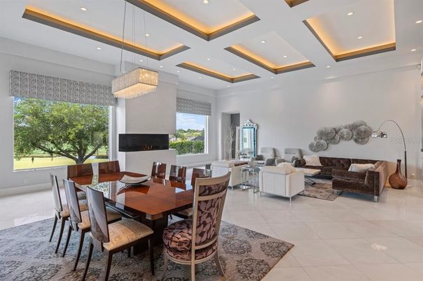 Chandelier, Dining room, Fireplace, Interior, Living room, Pendant Lights, Recessed Lighting