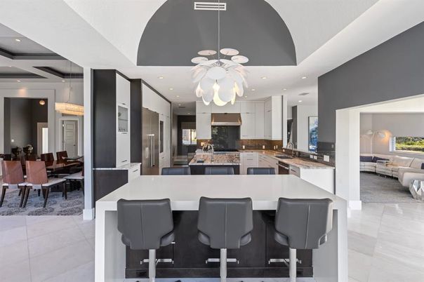 Chandelier, Dining room, Interior, Kitchen, Living room, Pendant Lights, Recessed Lighting, Stainless Steel Appliances