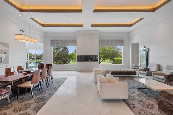 Dining room, Fireplace, Interior, Living room, Pendant Lights, Recessed Lighting