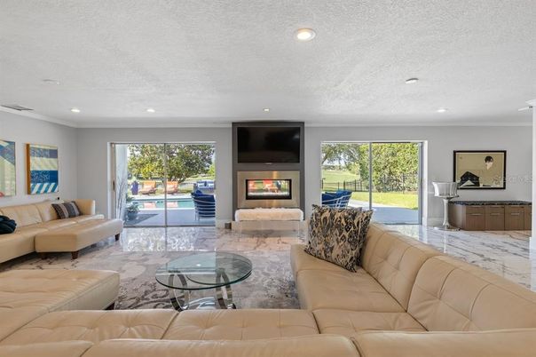 Fireplace, Interior, Living room, Marble, Recessed Lighting