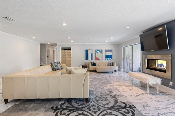 Fireplace, Interior, Living room, Marble, Recessed Lighting