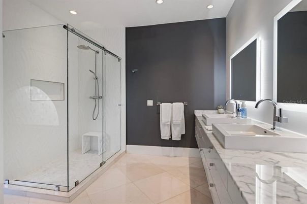 Bathroom, Dual Sink Vanities, Glass Shower, Interior, Recessed Lighting