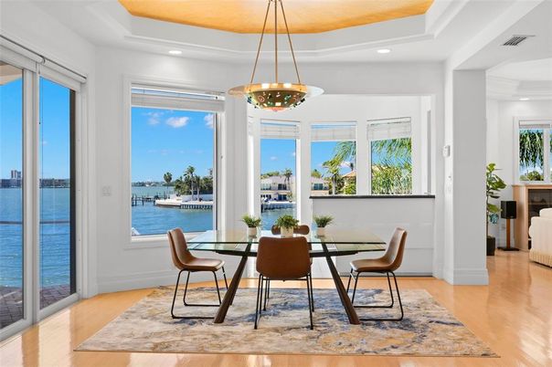 Dining room, Interior, Pendant Lights, Recessed Lighting, Water, Wood Texture Flooring