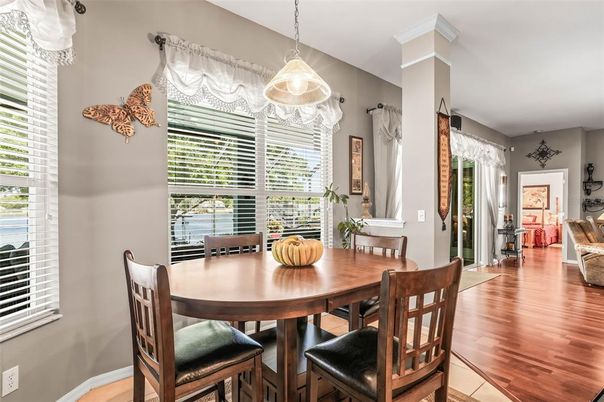 Dining room, Interior, Pendant Lights, Wood Texture Flooring