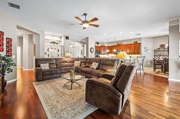 Dining room, Interior, Kitchen, Living room, Pendant Lights, Recessed Lighting, Wood Texture Flooring