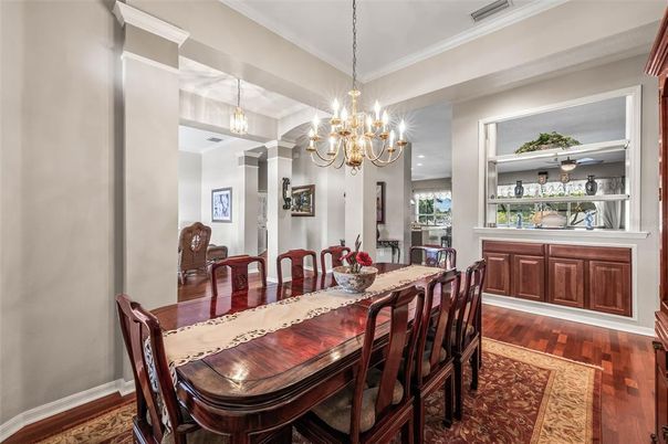 Chandelier, Dining room, Interior, Wood Texture Flooring