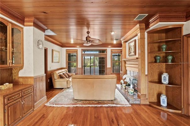 Fireplace, Interior, Living room, Recessed Lighting, Wooden Ceilings, Wood Texture Flooring