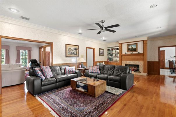 Fireplace, Interior, Living room, Recessed Lighting, Wood Texture Flooring