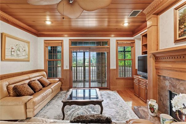 Fireplace, Interior, Living room, Recessed Lighting, Wooden Ceilings, Wood Texture Flooring