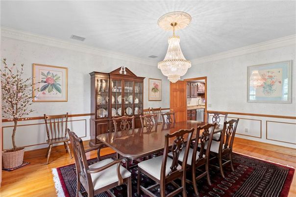 Chandelier, Dining room, Interior, Wood Texture Flooring