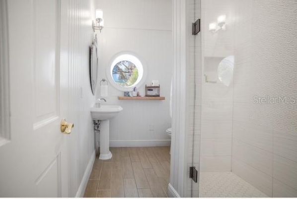 Bathroom, Glass Shower, Interior, Wood Texture Flooring